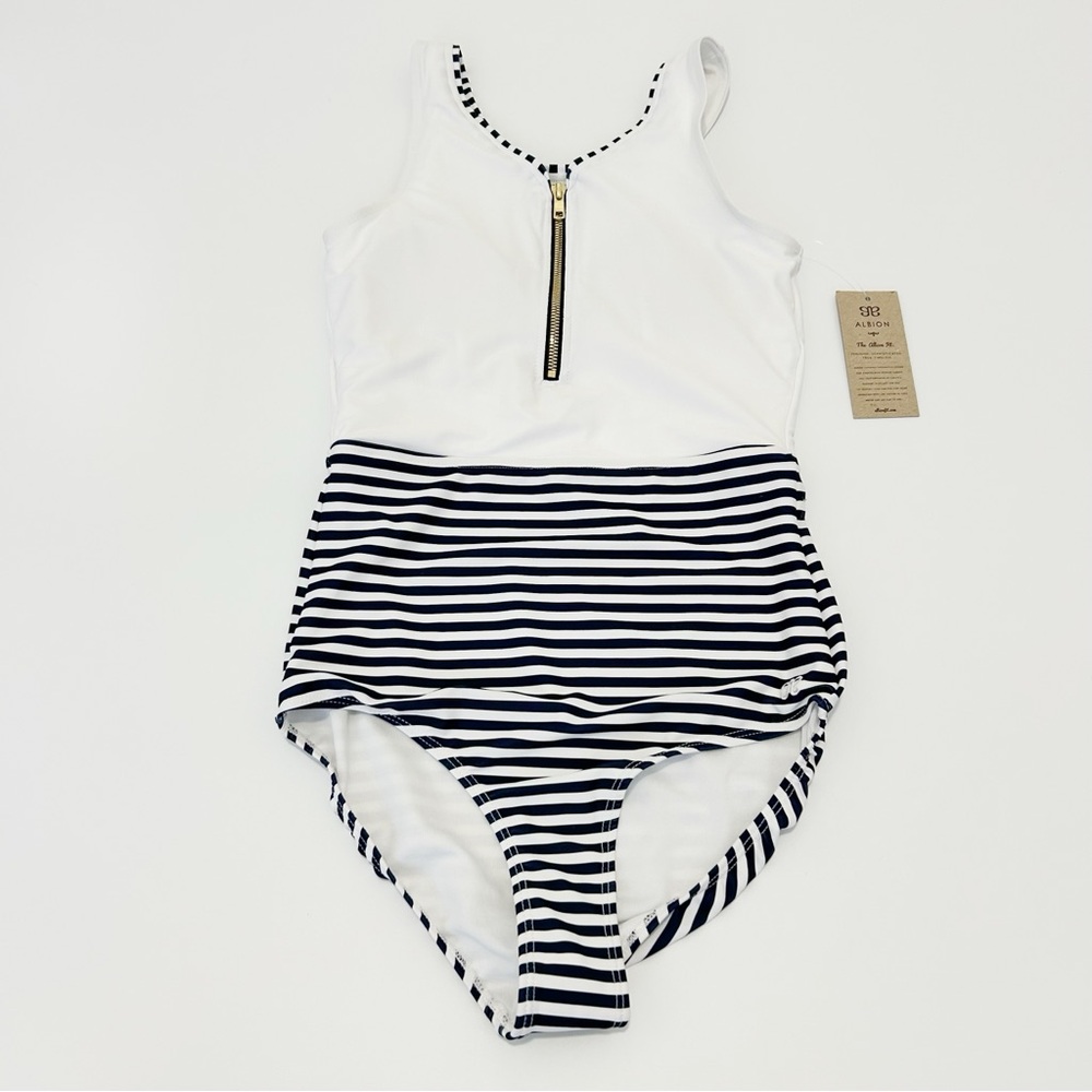 NEW Albion Sailor Front Zip One Piece Nursing Striped Womens Small Blue White - Picture 2 of 9